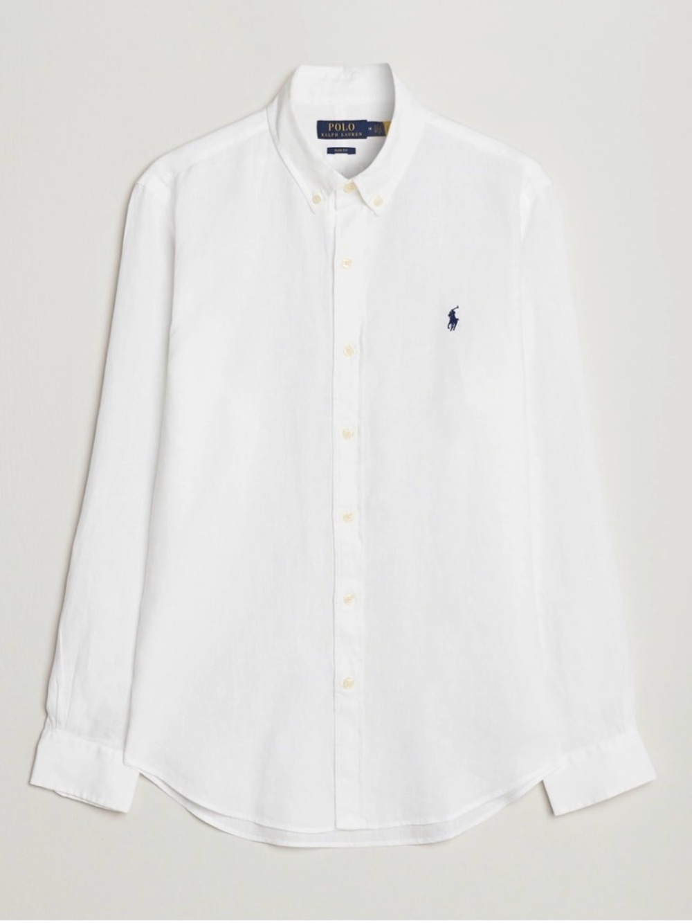 Ralph Lauren White Button-Down Linen Shirt with Navy Logo